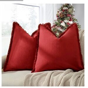 2) Red Cotton Throw Pillow Covers with Fringe~16x16  New in Box